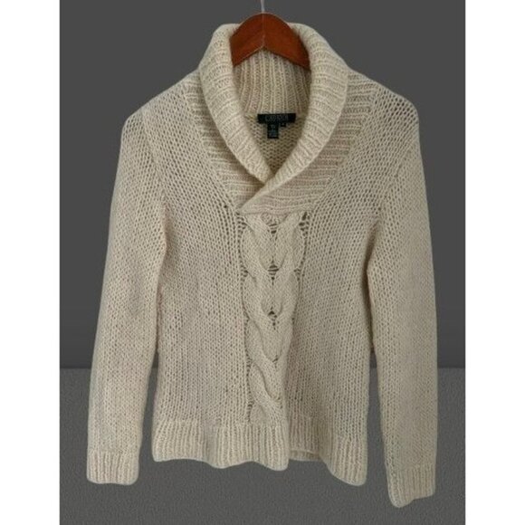 Lauren Ralph Lauren Lambswool Hand Cable Knit Shawl Collar Sweater Cream Size M - Picture 1 of 9